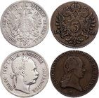 Austria Lot of 2 Coins 
1 Florin 1877, 3 Kreuzer 1800 B; With Silver