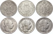 Austria-Hungary Lot of 3 Coins 
1 Florin 1876, 1883 & Forint 1882; Silver; Franz Joseph I