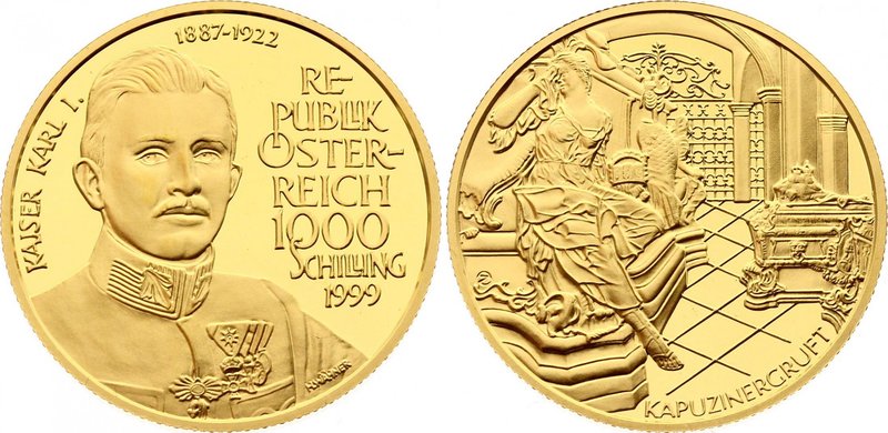 Austria 1000 Schilling 1999 
KM# 306; Gold (.995) 16.08g 30mm; Proof; Kaiser Ka...
