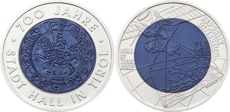 Austria 25 Euro 2003 Silver-Niobium
700th Anniversary of Hall In Tirol; Bimetal...