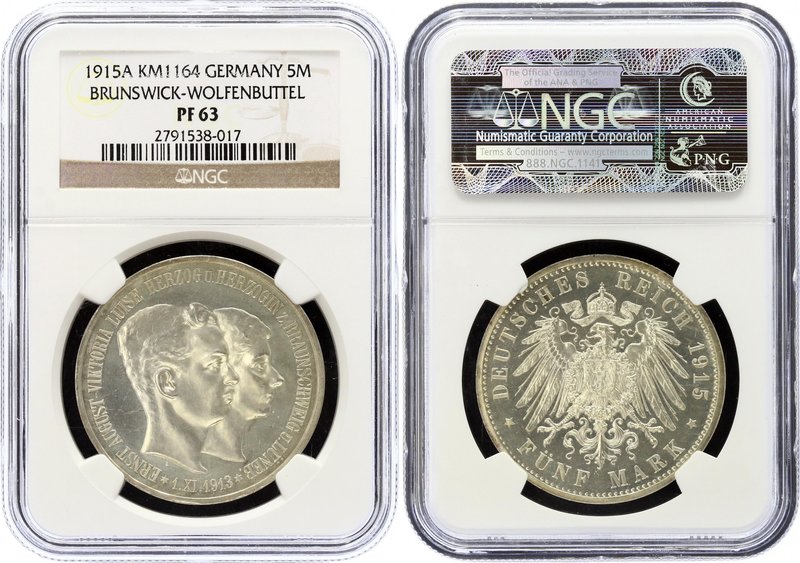 Germany - Empire Brunswick-Wolfenbuttel 5 Mark 1915 A Proof NGC PF63
KM# 1164; ...