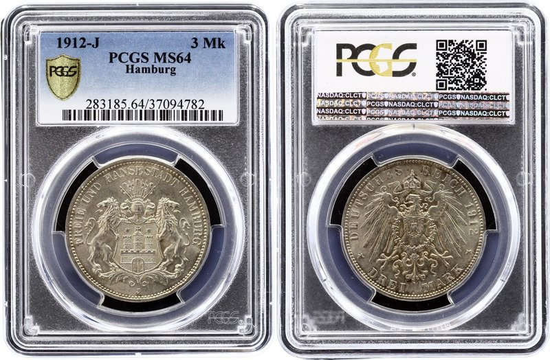 Germany - Empire Hamburg 3 Mark 1912 J PCGS MS64
KM# 620, Jaeger# 64; FREIE UND...