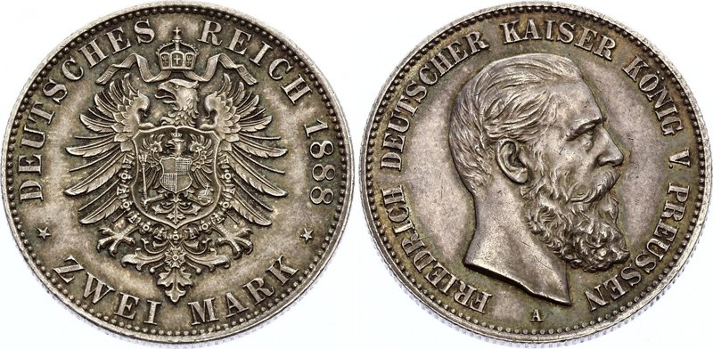 Germany - Empire Prussia 2 Mark 1888 A
Jaeger# 98, KM# 510; Friedrich III. Silv...