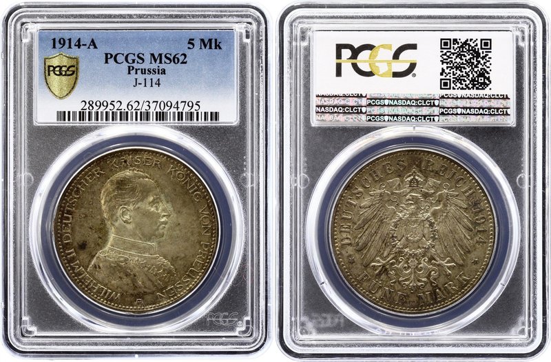 Germany - Empire Prussia 5 Mark 1914 A PCGS MS62
KM# 536, Jaeger# 114; Wilhelm ...