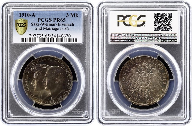 Germany - Empire Saxe-Weimar-Eisenach 3 Mark 1910 A Proof PCGS PR65
KM# 221, Ja...