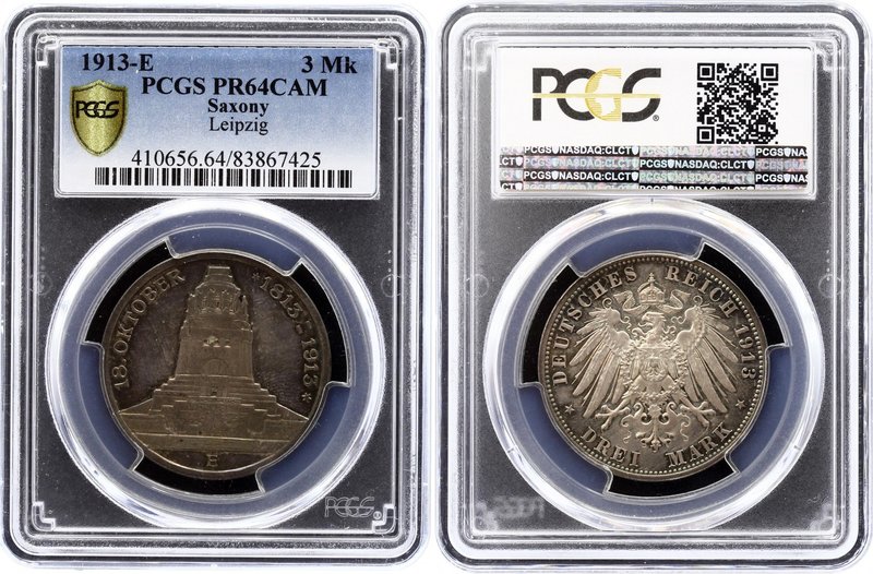 Germany - Empire Saxony Albertine 3 Mark 1913 E Proof PCGS PF64 CAM
KM# 1275, J...