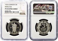 Germany - Weimar Republic 3 Reichsmark 1925 A Proof NGC PF65
KM# 46, Jaeger# 321; 1000th Year of the Rhineland. Silver, Proof. NGC PF65 ULTRA CAMEO.