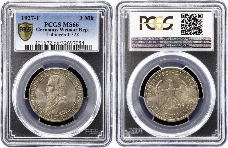 Germany - Weimar Republic 3 Reichsmark 1927 F PCGS MS66
KM# 54, Jaeger# 328; 45...