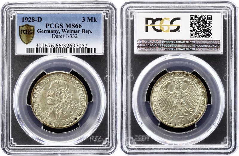 Germany - Weimar Republic 3 Reichsmark 1928 D PCGS MS65
KM# 58, Jaeger# 332; 40...