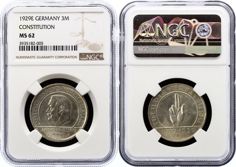 Germany - Weimar Republic 3 Reichsmark 1929 E PCGS MS62
KM# 63, Jaeger# 337; 10...