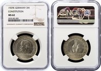 Germany - Weimar Republic 3 Reichsmark 1929 E PCGS MS62
KM# 63, Jaeger# 337; 10th Anniversary of the Weimar Constitution. Silver, UNC. NGC MS62.