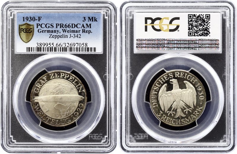 Germany - Weimar Republic 3 Reichsmark 1930 F Proof PCGS PR66
KM# 67, Jaeger# 3...