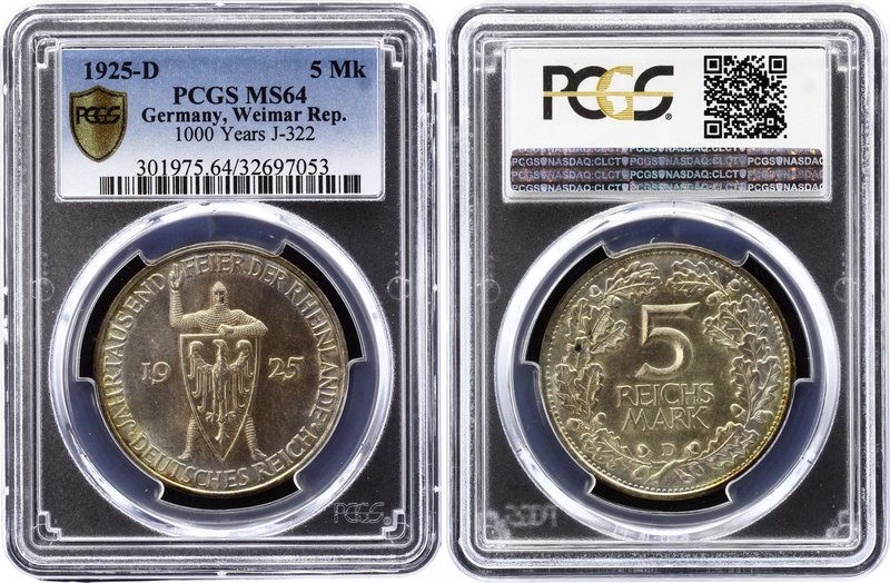Germany - Weimar Republic 5 Reichsmark 1925 D PCGS MS64
KM# 47, Jaeger# 322; 10...