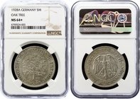 Germany - Weimar Republic 5 Reichsmark 1928 A NGC MS64+
KM# 56; Jaeger# 331; Oak Tree. Silver, UNC. NCG MS64+.
