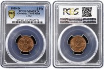 Germany - Third Reich 2 Reichspfennig 1939 D PCGS MS65
KM# 90; Jaeger# 362; Bronze, UNC. Rare in this high grade. PCGS MS65RD - Red!