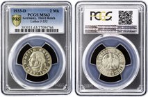 Germany - Third Reich 2 Reichsmark 1933 D PCGS MS63
KM# 79; Jaeger# 352; 450th Anniversary of Martin Luther. Silver, UNC. PCGS MS63.