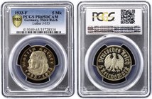 Germany - Third Reich 5 Reichsmark 1933 F Proof PCGS PR65
KM# 80; Jaeger# 353; 450th Anniversary of Martin Luther. Silver, Proof. PCGS PR65 DEEP CAME...