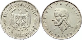 Germany - Third Reich 5 Reichsmark 1934 F
KM# 85; Silver; Friedrich Schiller; XF