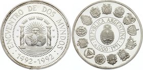 Argentina 1000 Australes 1992 
KM# 106; Silver Proof; Ibero-American Series I - Encounter of two Worlds; Mintage 5,000