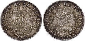 Bolivia 50 Centavos 1909 
KM# 177; Medio Boliviano, Silver.