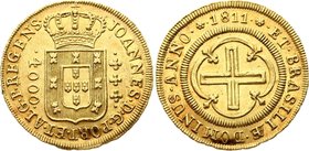 Brazil 4000 Reis 1811 
KM# 235.2 (date between flowers, small crown); Gold (.917) 8.07g 27mm; João, Prince Regent