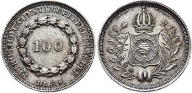 Brazil 100 Reis 1834 
KM# 452; Silver; Pedro II; Mintage 7,709; XF