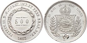 Brazil 500 Reis 1863 
KM# 464; Silver; Pedro II; AUNC