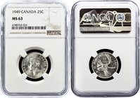 Canada 25 Cents 1949 NGC MS63
KM# 36; George VI. Not common in a high grade. Silver, UNC. NGC MS63.