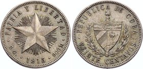Cuba 20 Centavos 1915 
KM# 13; Silver; XF
