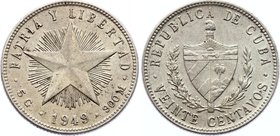 Cuba 20 Centavos 1949 
KM# 13; Silver; XF