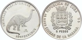 Cuba 5 Pesos 1993 
KM# 405; Silver Proof; Apatosaurus