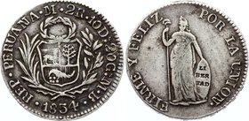 Peru 2 Reales 1854 LIMAE MB
KM# 141.3; Silver