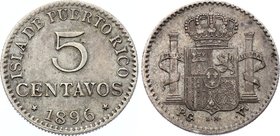 Puerto Rico 5 Centavos 1896 PGV
KM# 20; Silver; XF