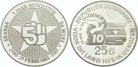 Suriname 25 Gulden 1985 (ND)
KM# 21; Silver Proof; 5th Anniversary of Revolution; Mintage 200 Pcs