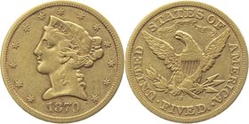 United States 5 Dollars 1870 S RARE
KM# 101; Gold 8,32g.; Mintage 17000 pieces!!!