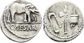 Ancient World Roman Republic Julius Caesar AR Denarius 49-48 BC
Silver 3.63g 17mm; CAESAR in exergue, elephant right, trampling on serpent / Simpulum...