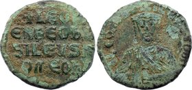 Ancient World Byzantium 886-912 AE Follis
5.42g 24mm; Obv: Crowned facing bust, wearing chlamys and holding akakia. Rev: +LOh/hθObA/SILVSR/OMOh - Leg...