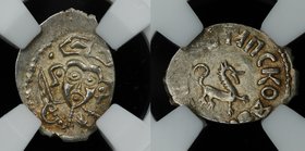 Russia Pskov Denga 1348 - 1510 NNR AU
ГП# 7650A (R5); Silver, 0.76g; Dovmont with a Sword/Leopard to the Right in a Circular Russian Inscription (ДЄИ...