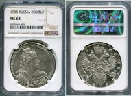 Russia 1 Rouble 1733 NGC MS62
Bit# 64, Plain Cross on Orb; 2.25 Roubles by Petrov. Silver, UNC. Full mint luster. NGC MS62