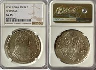 Russia 1 Rouble 1736 NGC AU 55
Bit# 128; Silver; Pendant on bosom; Silver; Edge patterned; Luster!