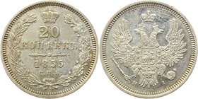 Russia 20 Kopeks 1855 СПБ НI 
Bit# 346; Silver 4,15g.