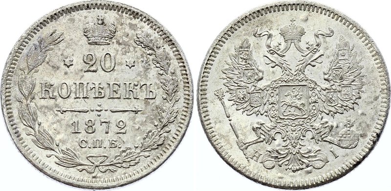 Russia 20 Kopeks 1872 СПБ HI
Bit# 222.; Silver, UNC, mint luster, planchet flaw...