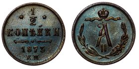 Russia 1/2 Kopek 1873 EM
Bit# 438; Copper; Mintage 962.600; VF/XF