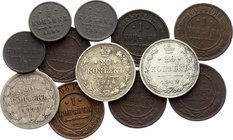 Russia Lot of 12 Coins 1869 - 1915
1/2 Kopek 1897-1899, 1 Kopek 1869-1908, 20 Kopeks 1879-1915; With Silver