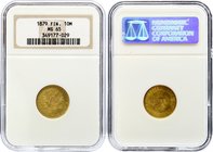 Russia - Finland 10 Markkaa 1879 S NGC MS65
Bit# 615; Gold (.900) 3.23g. Rare in this high grade especially in old NGC Slab. NGC MS65.