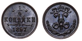 Russia 1/4 Kopek 1897 СПБ
Bit# 296; Copper; Mint Birmingham; UNC