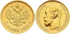 Russia 5 Roubles 1899 ФЗ
Bit# 24; Gold (.900) 4.30g, UNC.