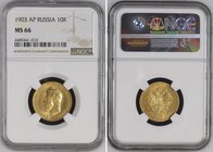 Russia 10 Roubles 1903 AP NGC MS66 Top Grade
Bit# 11; Gold, UNC; NGC MS 66 - top grade for this coin!