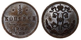 Russia 1/2 Kopek 1908 СПБ
Bit# 268; Copper; aUNC
