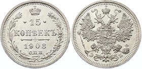 Russia 15 Kopeks 1908 СПБ ЭБ
Bit# 134; Silver, UNC; Beautiful Coin in a High Grade